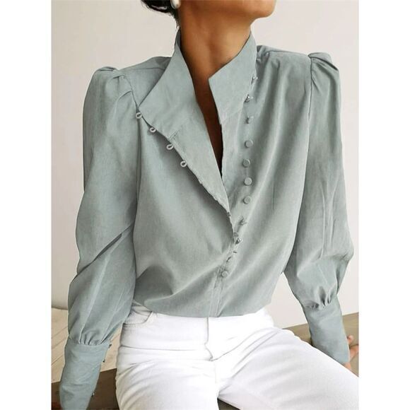 Commense Tops - Commense Elegant Sage Green Button-Up Blouse with Puff Sleeves Size XS